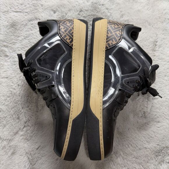 Fendi Black Brown FF Leather and Mesh See Through Lace Up Sneakers Size 10 AUTH